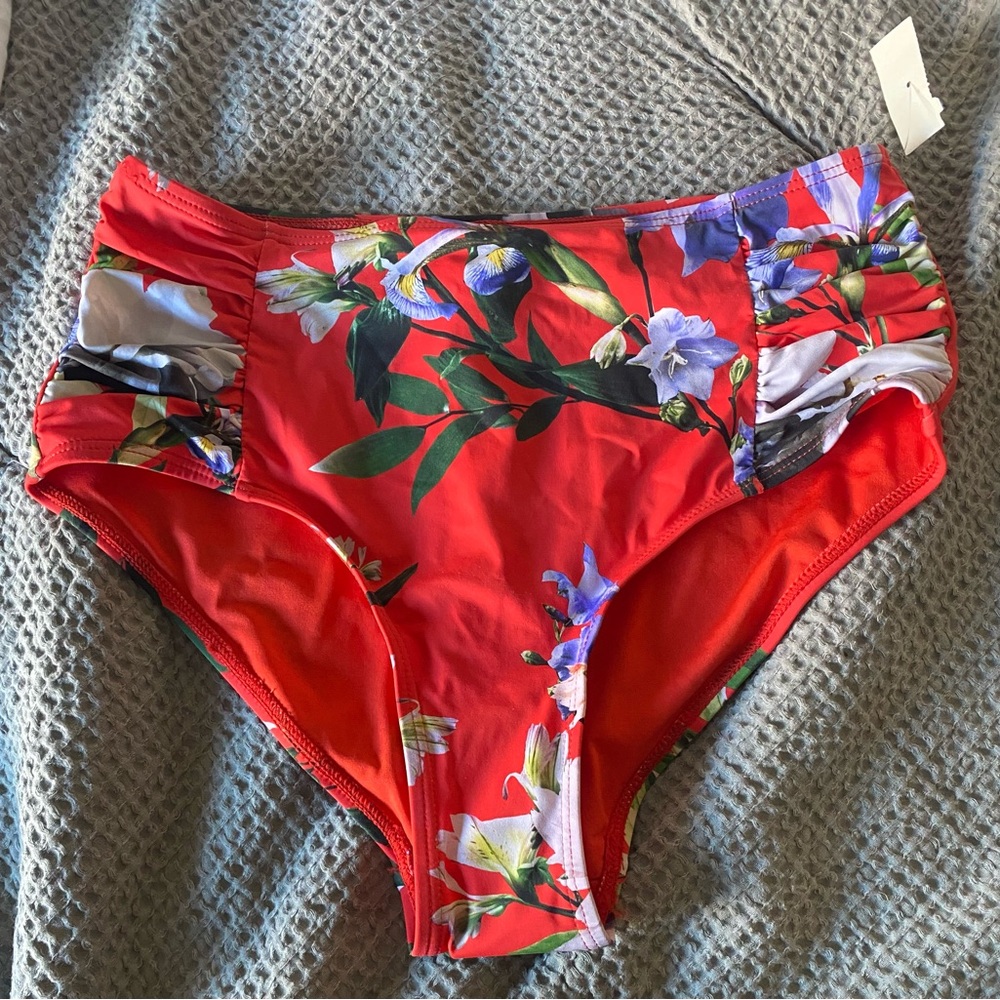 Floral High Wasted Red Bikini Bottom with Ruching
